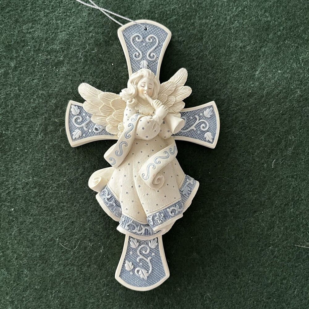 Sarah’s Angels Cross Figurine Mind Spring 2001 Blue White Cross Vintage #30368